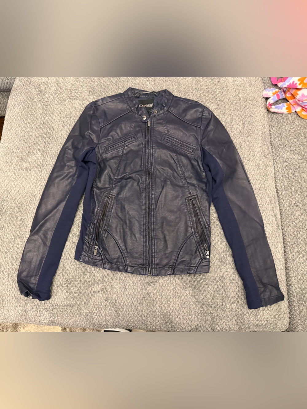 Express Men’s Navy Faux Leather Bomber Jacket with Knit Sleeves
